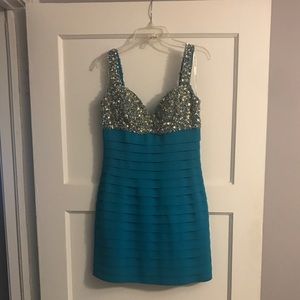 Sherri Hill Blue Embellished Bandage Dress